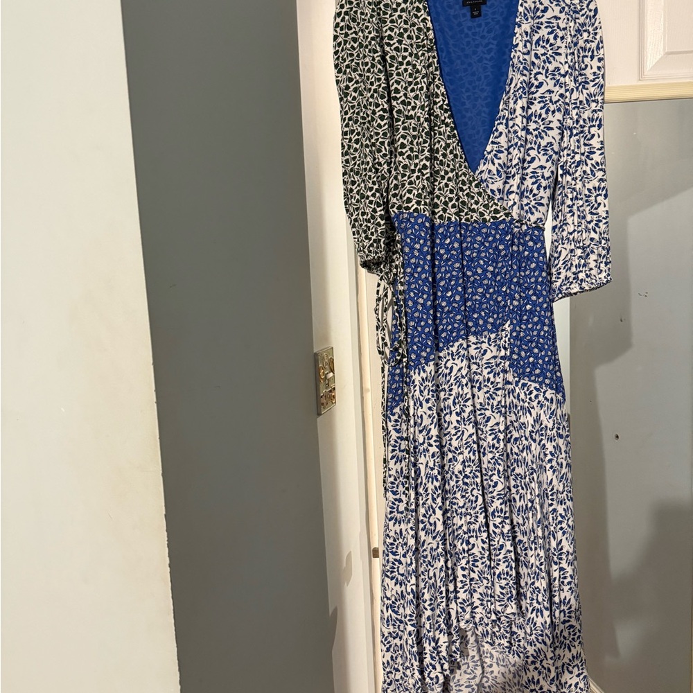 White and Blue Wrap Dress with 3/4 Bishop Sleeves
